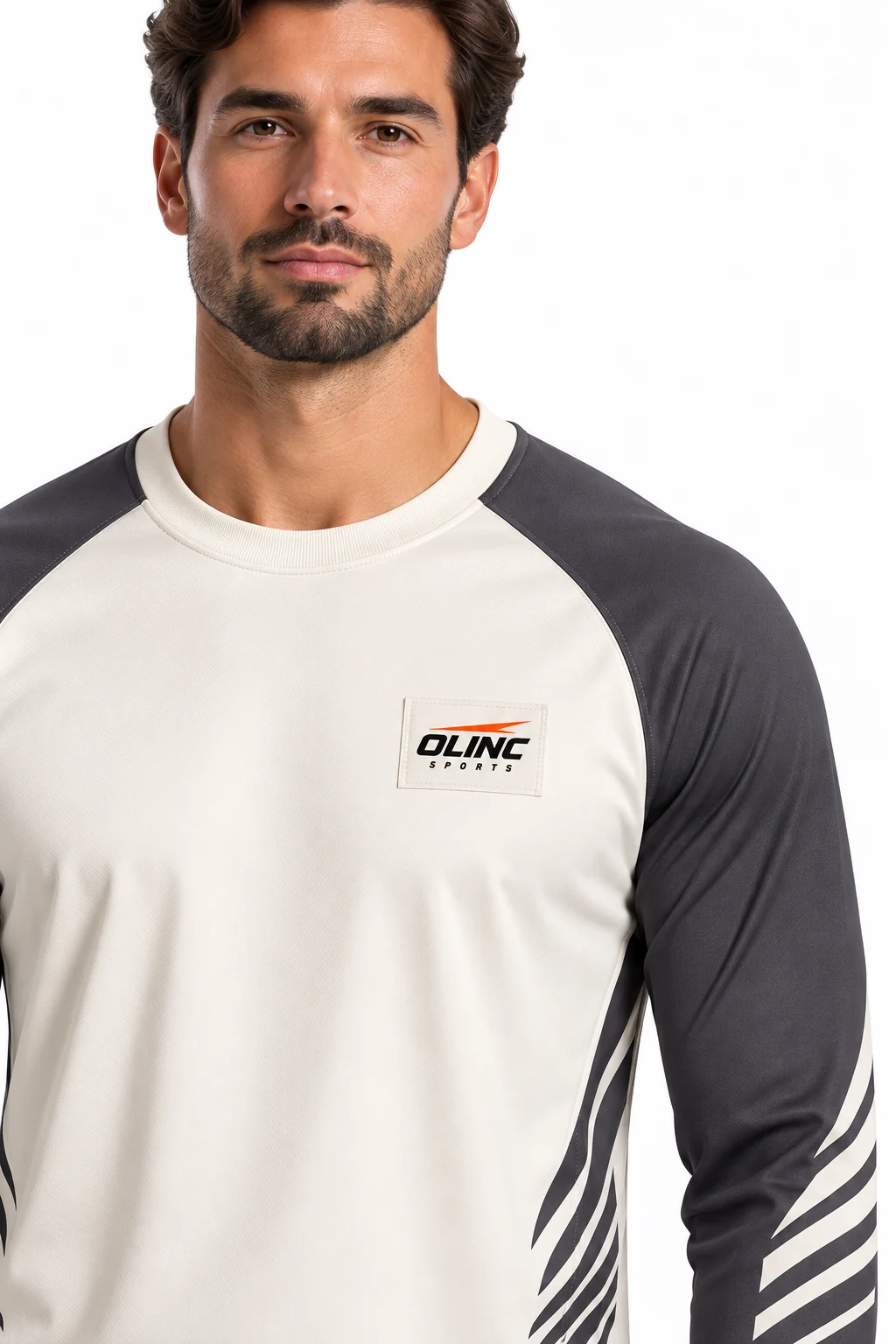 Cricket Creasework Training Kit zoom design visualization showing ivory shirt, graphite raglan sleeves and warm gray cropped trousers with moss knee panels