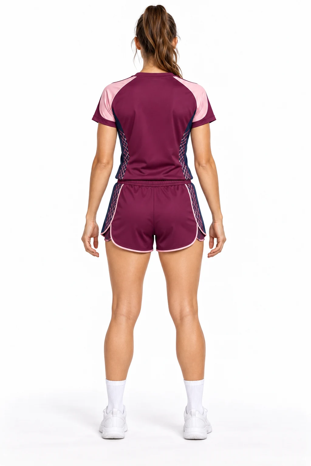 Handball Crossweave Womens Set back design visualization showing deep berry shirt and shorts, pale pink shoulder inserts and navy side panels
