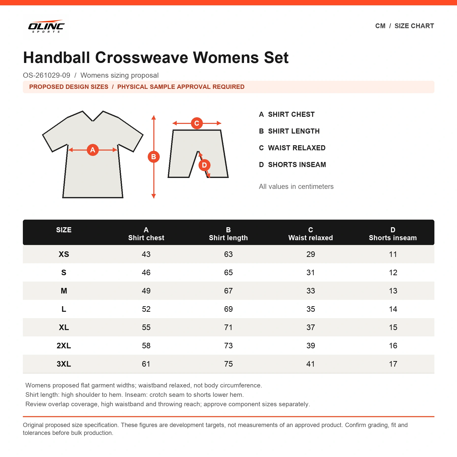 Handball Crossweave Womens Set original proposed numeric cm chart with technical measurement diagram and sample approval label