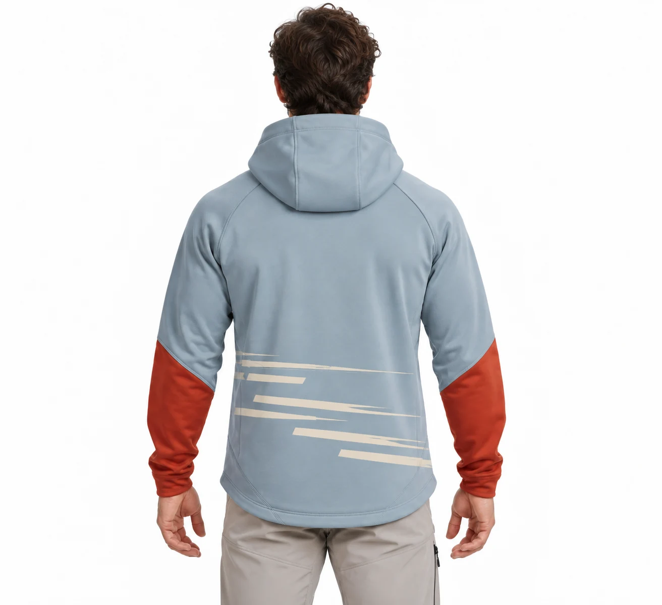 Hoodie Headland Quarter-Zip Top back design visualization showing muted glacier blue body, cream hood lining and dark rust forearm panels
