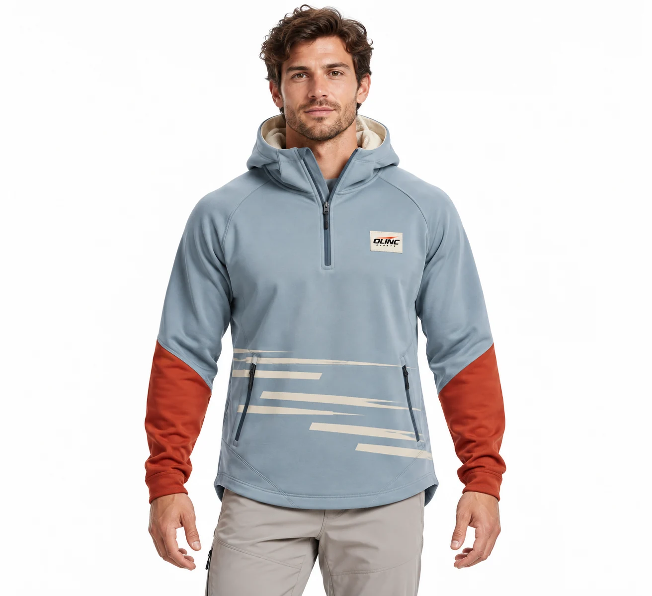 Hoodie Headland Quarter-Zip Top front design visualization showing muted glacier blue body, cream hood lining and dark rust forearm panels