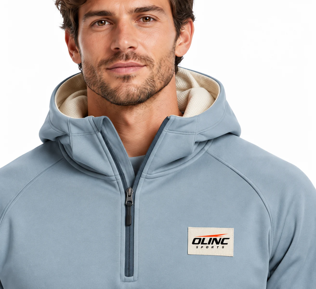 Hoodie Headland Quarter-Zip Top zoom design visualization showing muted glacier blue body, cream hood lining and dark rust forearm panels