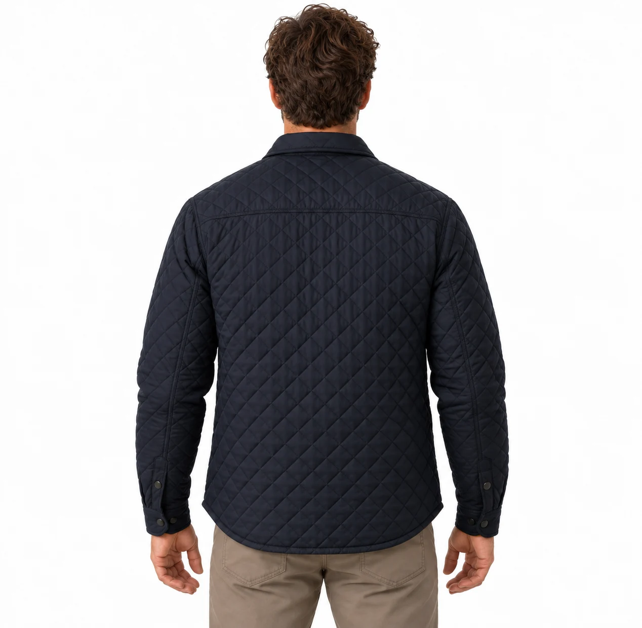 Jacket Hemlock Quilt Overshirt back design visualization showing dark ink shell, warm ochre lining accents and charcoal pocket flaps