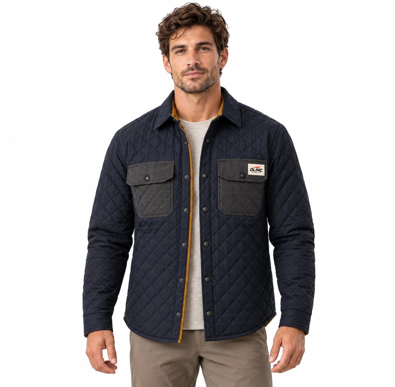 Jacket Hemlock Quilt Overshirt front design visualization showing dark ink shell, warm ochre lining accents and charcoal pocket flaps