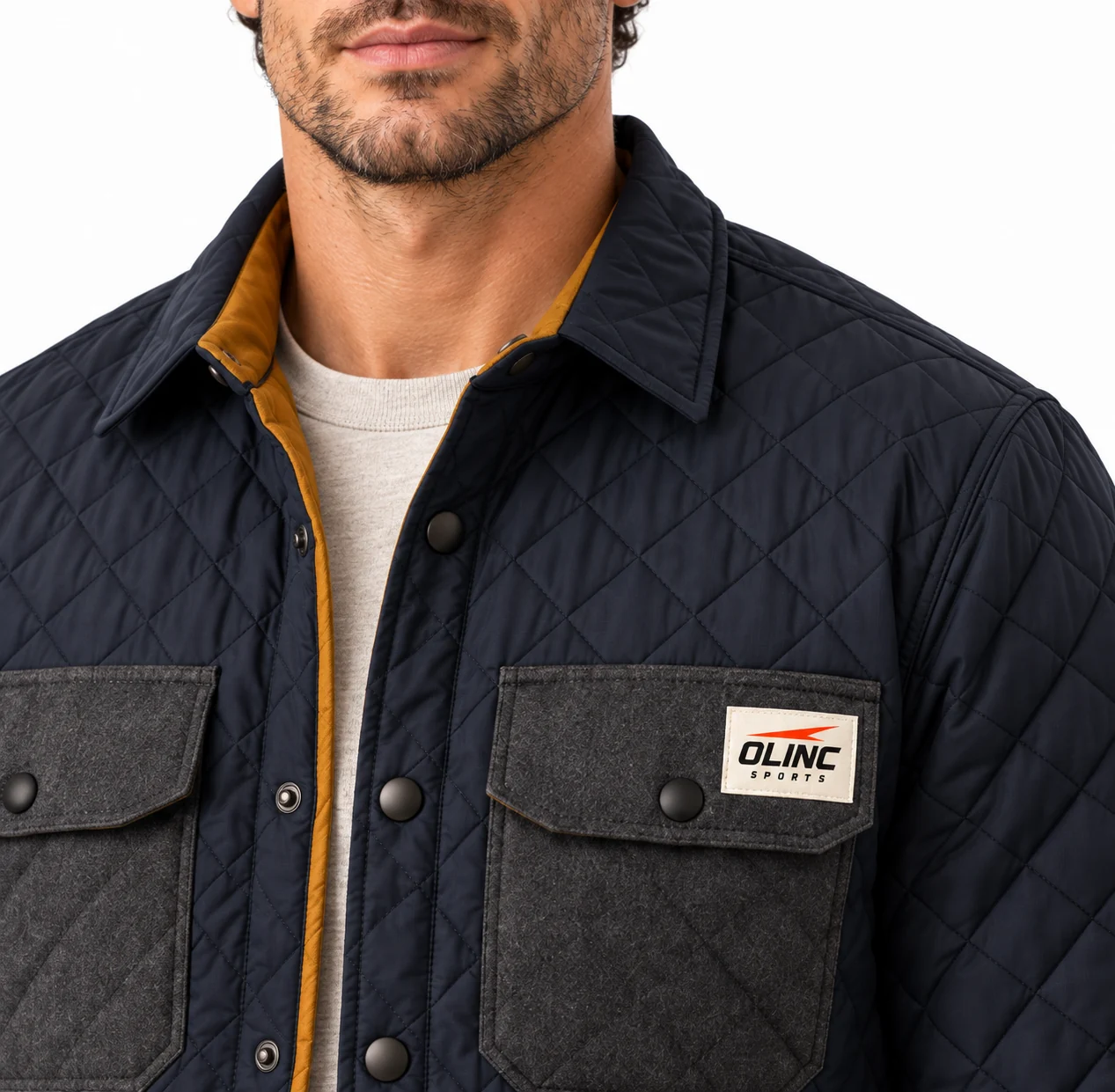 Jacket Hemlock Quilt Overshirt zoom design visualization showing dark ink shell, warm ochre lining accents and charcoal pocket flaps