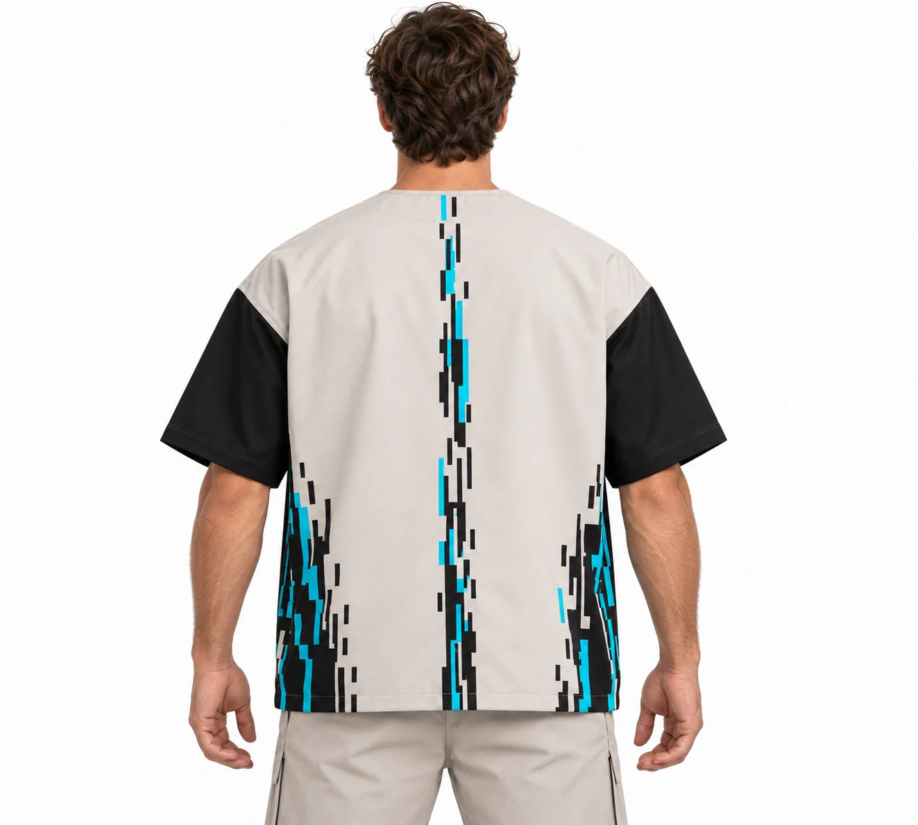 Esports Circuitry Snap Overshirt back design visualization showing pale stone body, black sleeves and electric cyan pocket edging