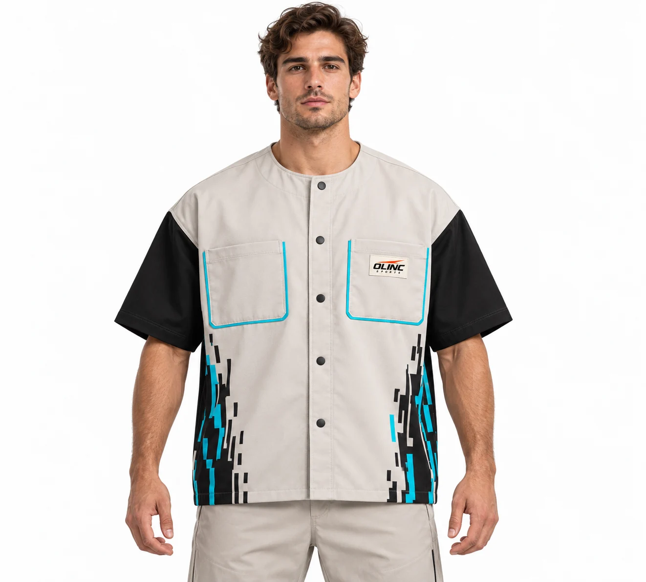 Esports Circuitry Snap Overshirt front design visualization showing pale stone body, black sleeves and electric cyan pocket edging