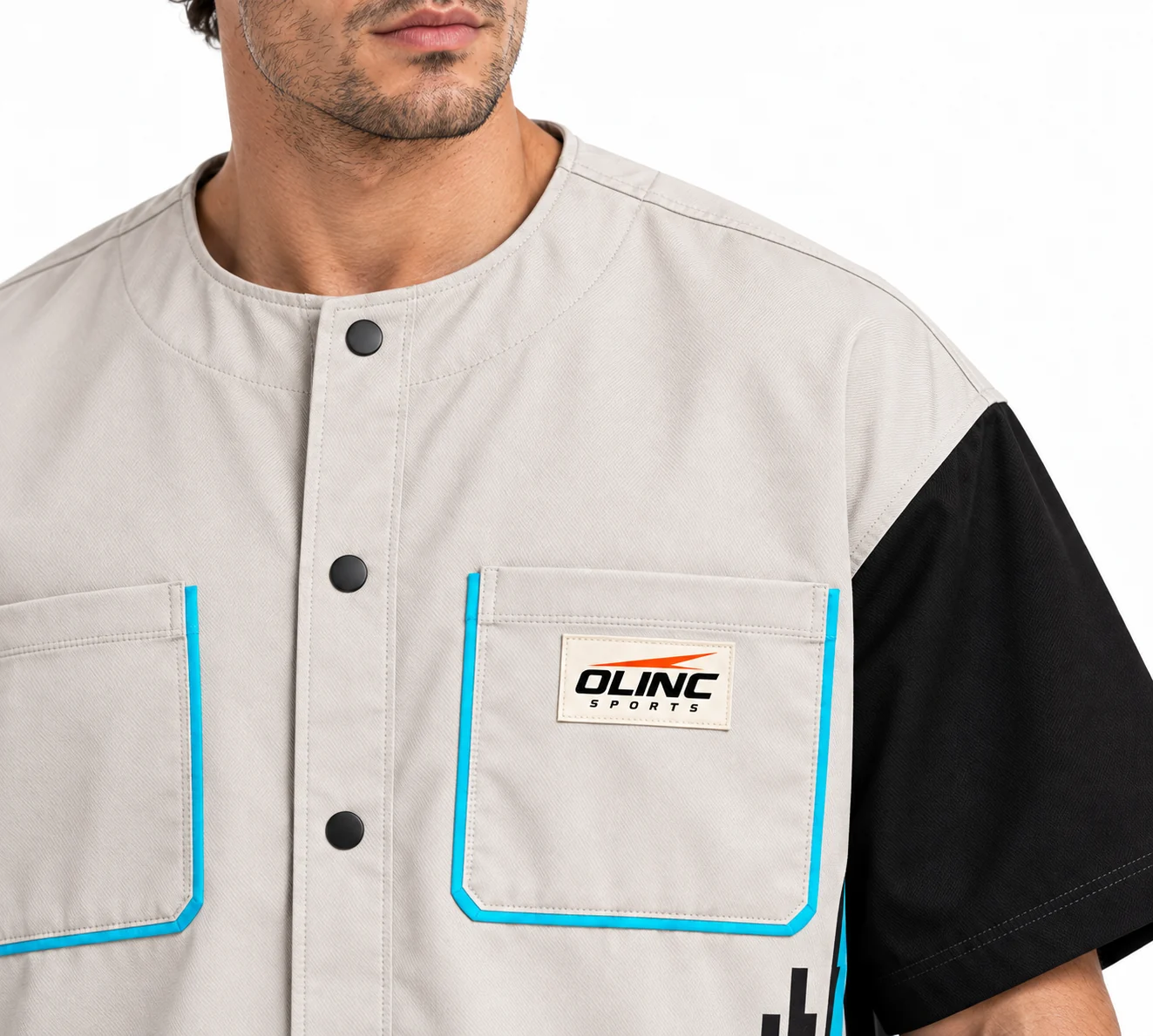 Esports Circuitry Snap Overshirt zoom design visualization showing pale stone body, black sleeves and electric cyan pocket edging