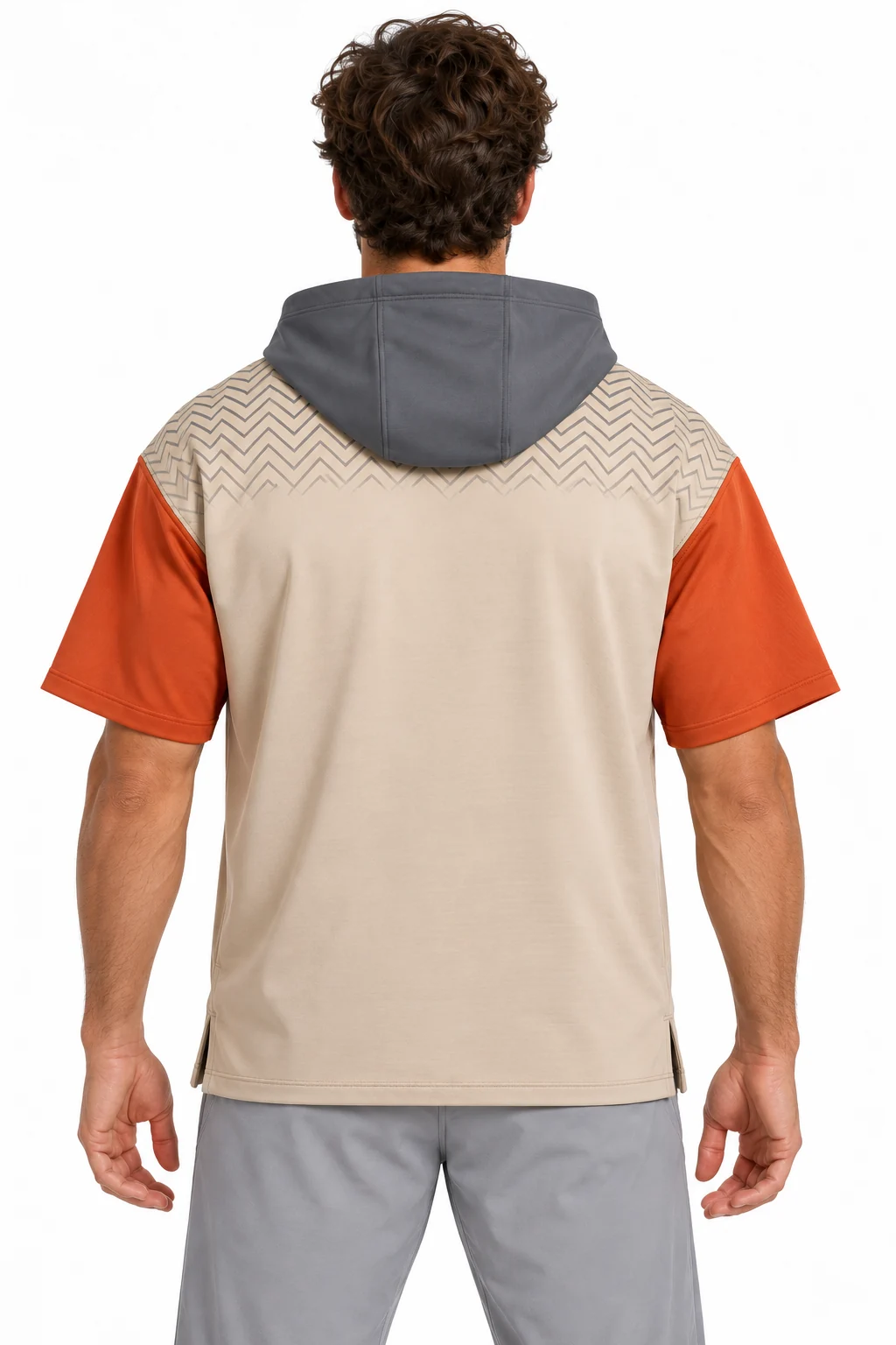 Lacrosse Outrider Hooded Warmup back design visualization showing warm sand body, slate hood and burnt orange sleeve panels