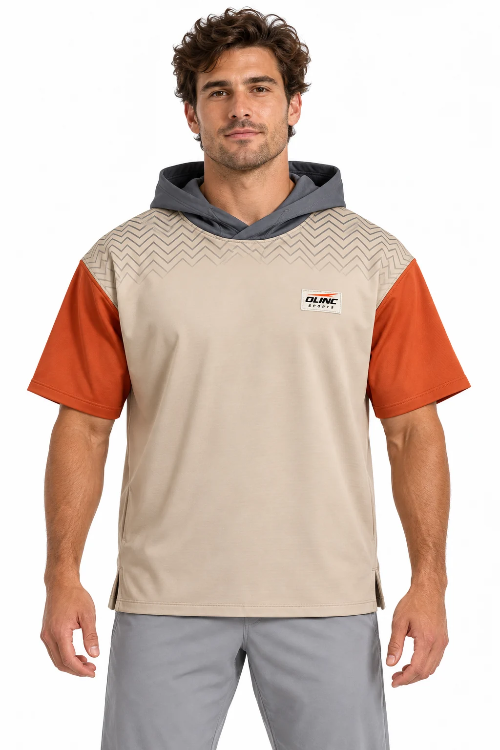 Lacrosse Outrider Hooded Warmup front design visualization showing warm sand body, slate hood and burnt orange sleeve panels
