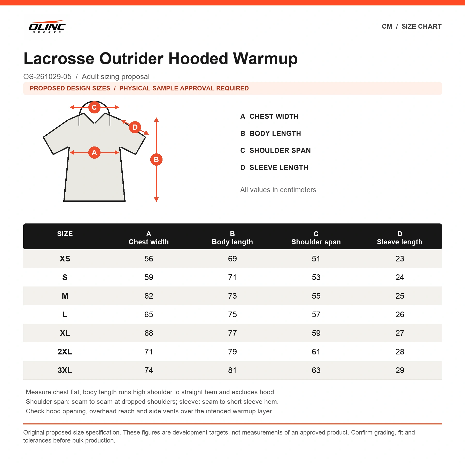 Lacrosse Outrider Hooded Warmup original proposed numeric cm chart with technical measurement diagram and sample approval label