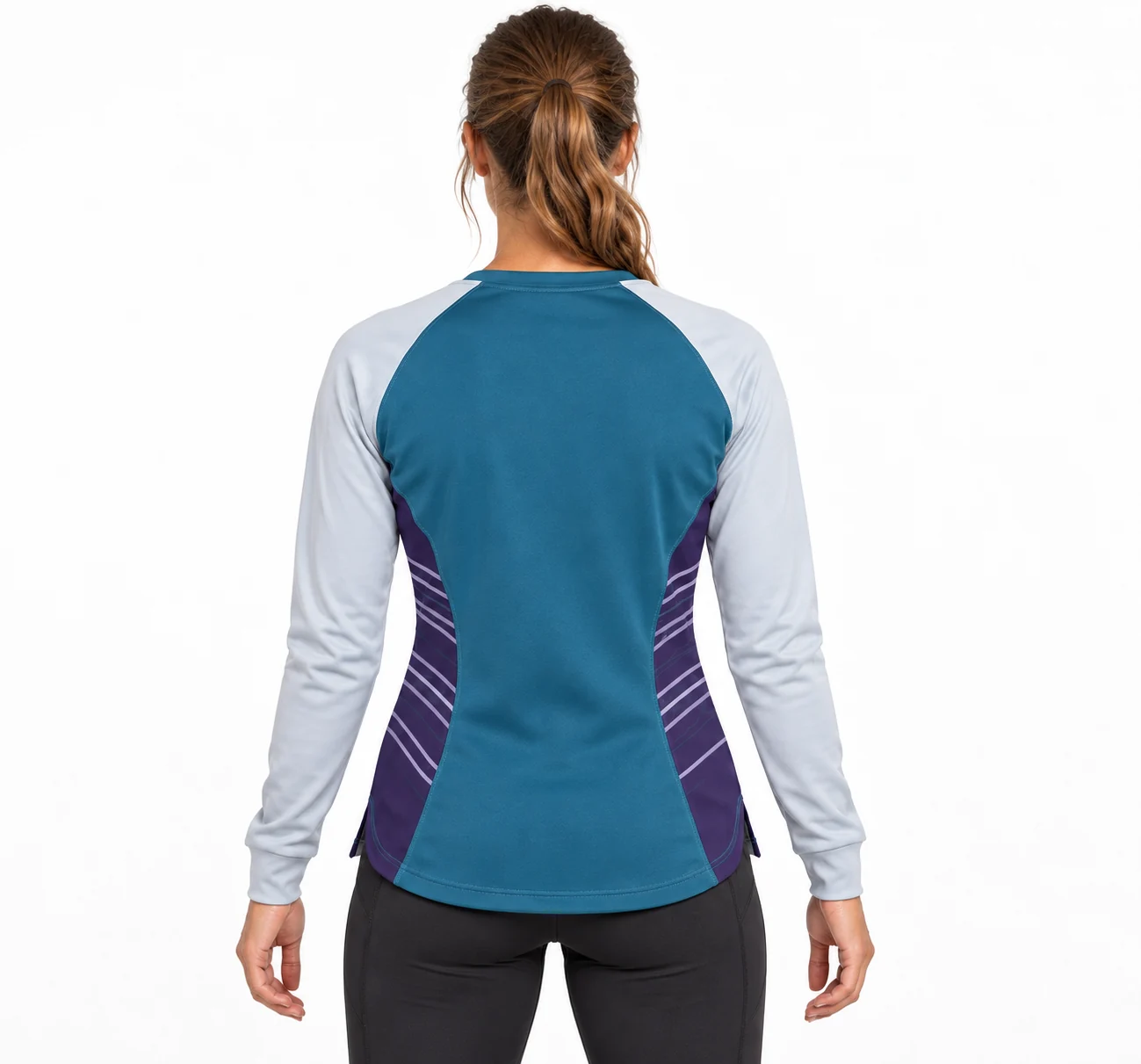 Rugby Estuary Womens Training Top back design visualization showing ocean teal body, pale mist sleeves and deep violet waist panels