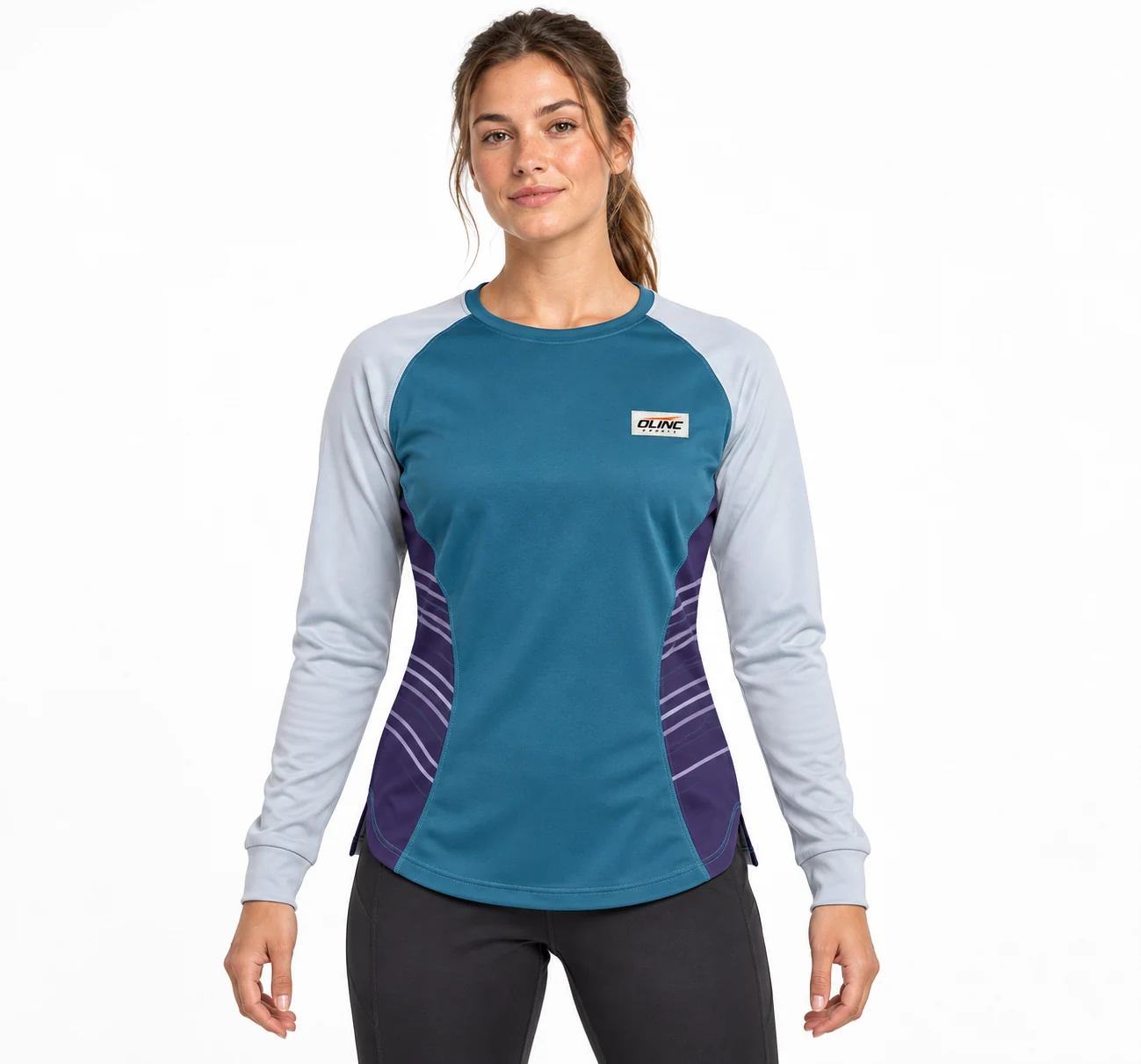 Rugby Estuary Womens Training Top front design visualization showing ocean teal body, pale mist sleeves and deep violet waist panels