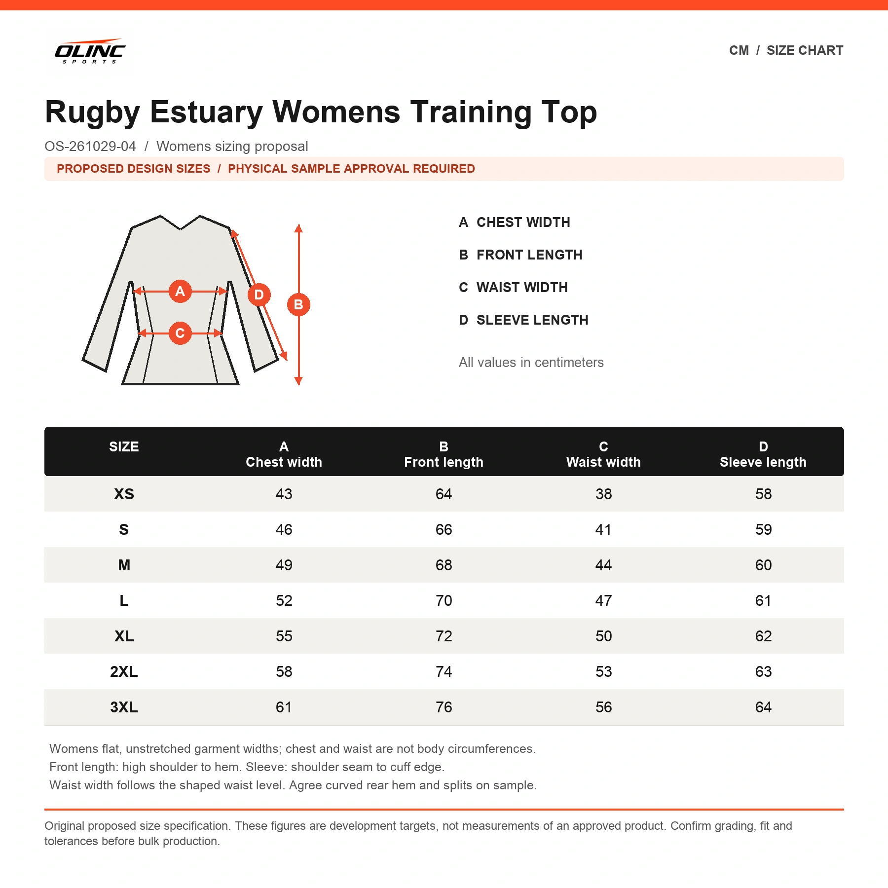 Rugby Estuary Womens Training Top original proposed numeric cm chart with technical measurement diagram and sample approval label