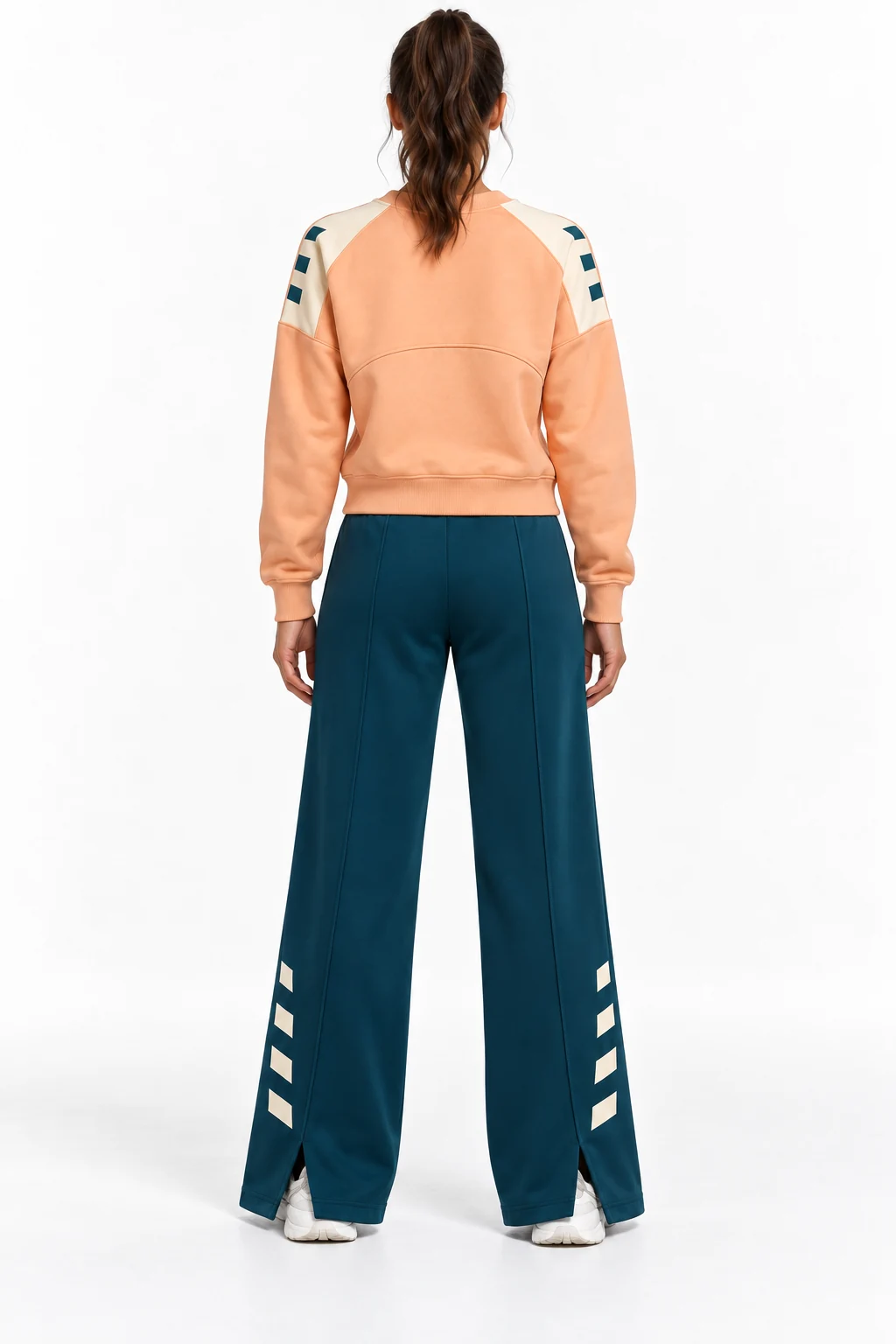 Tracksuit Boardwalk Wide-Leg Set back design visualization showing soft apricot top, deep petrol wide-leg trousers and pale cream shoulder panels