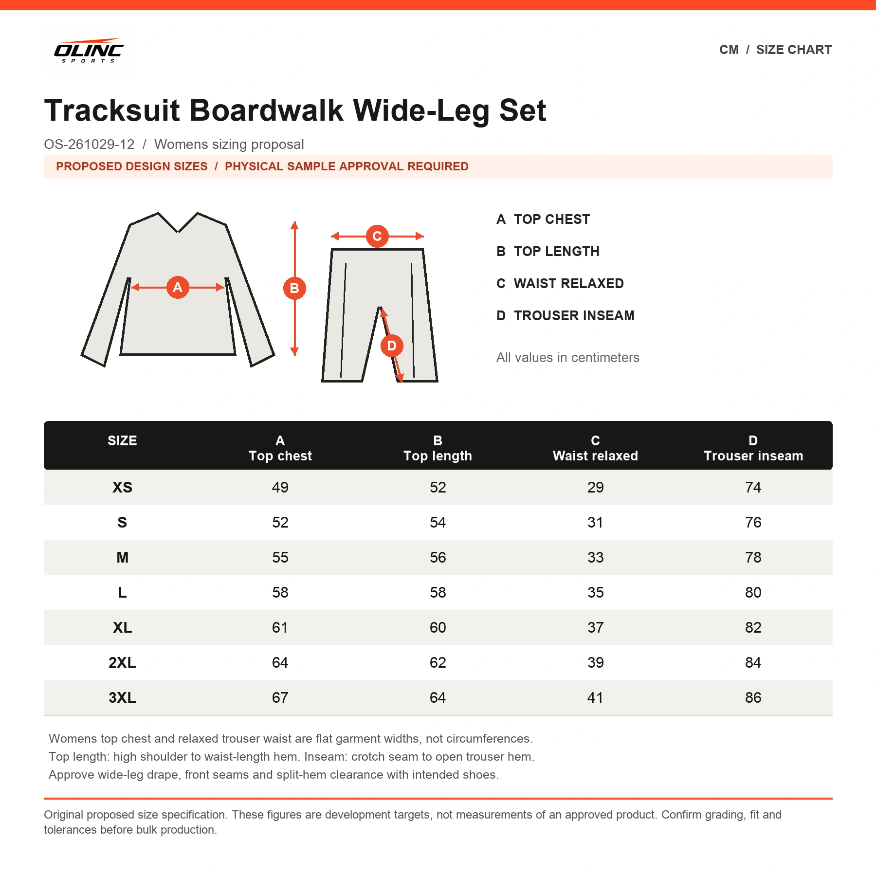 Tracksuit Boardwalk Wide-Leg Set original proposed numeric cm chart with technical measurement diagram and sample approval label