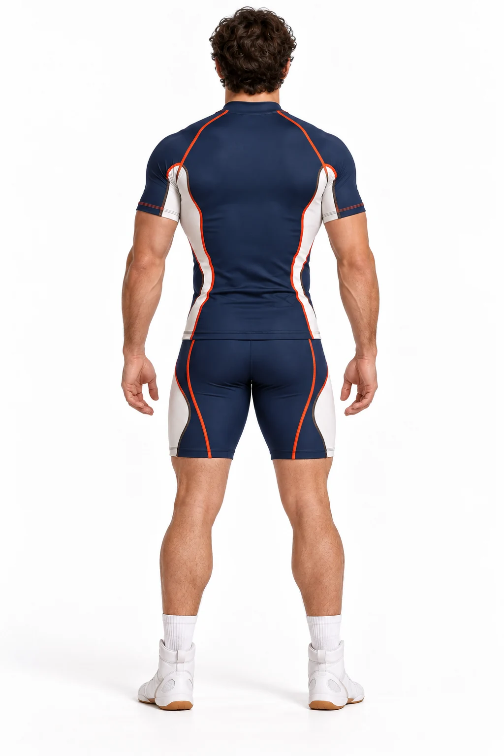 Wrestling Matline Two-Piece Set back design visualization showing deep indigo base, chalk side inserts and vermilion seam accents