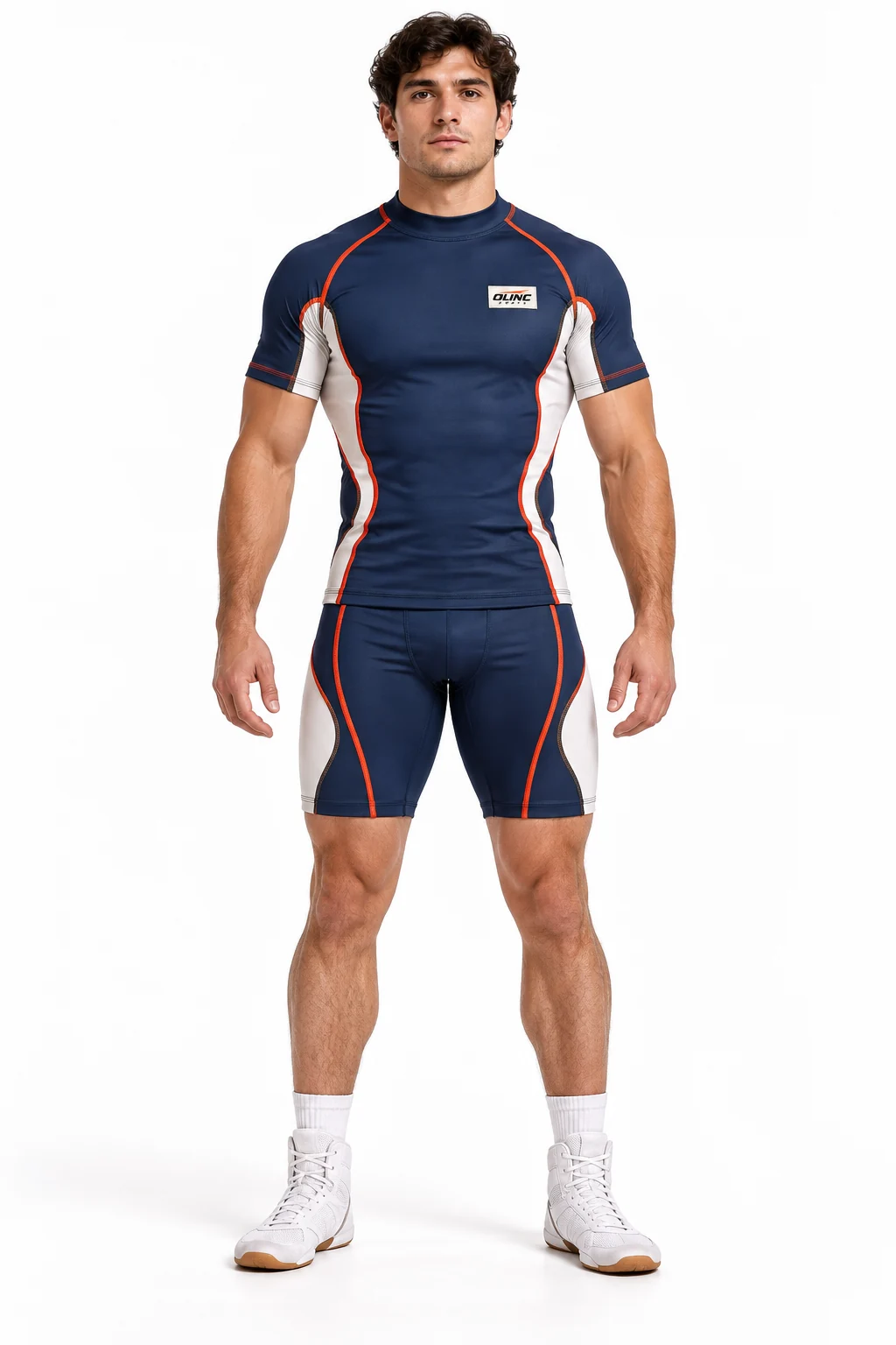Wrestling Matline Two-Piece Set front design visualization showing deep indigo base, chalk side inserts and vermilion seam accents