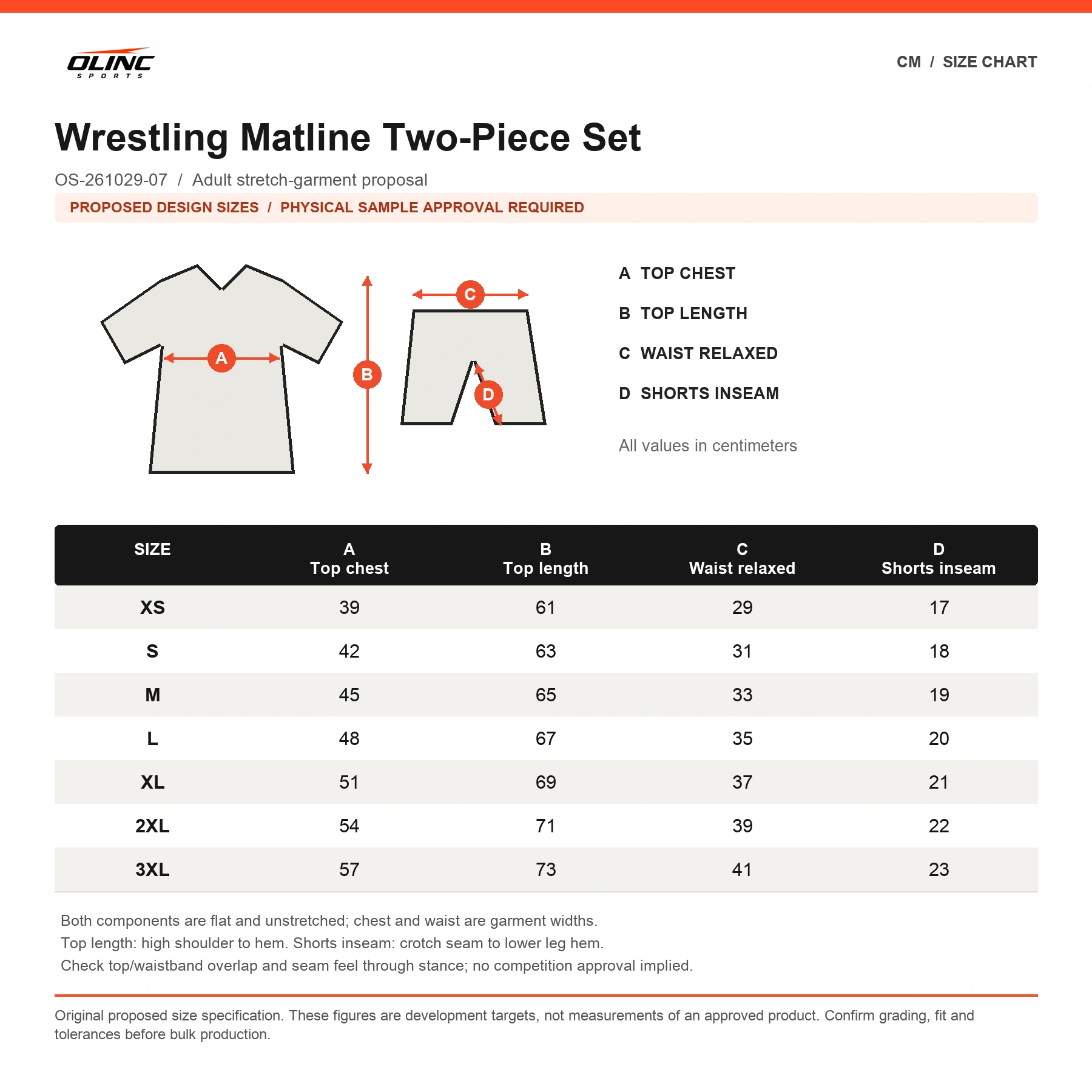 Wrestling Matline Two-Piece Set original proposed numeric cm chart with technical measurement diagram and sample approval label
