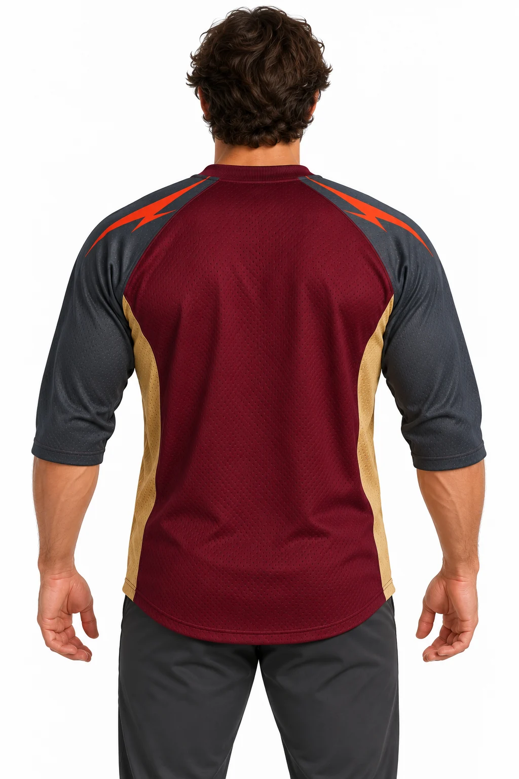 American Football Trench Raglan Jersey back design visualization showing deep burgundy body, slate sleeves and muted gold side inserts
