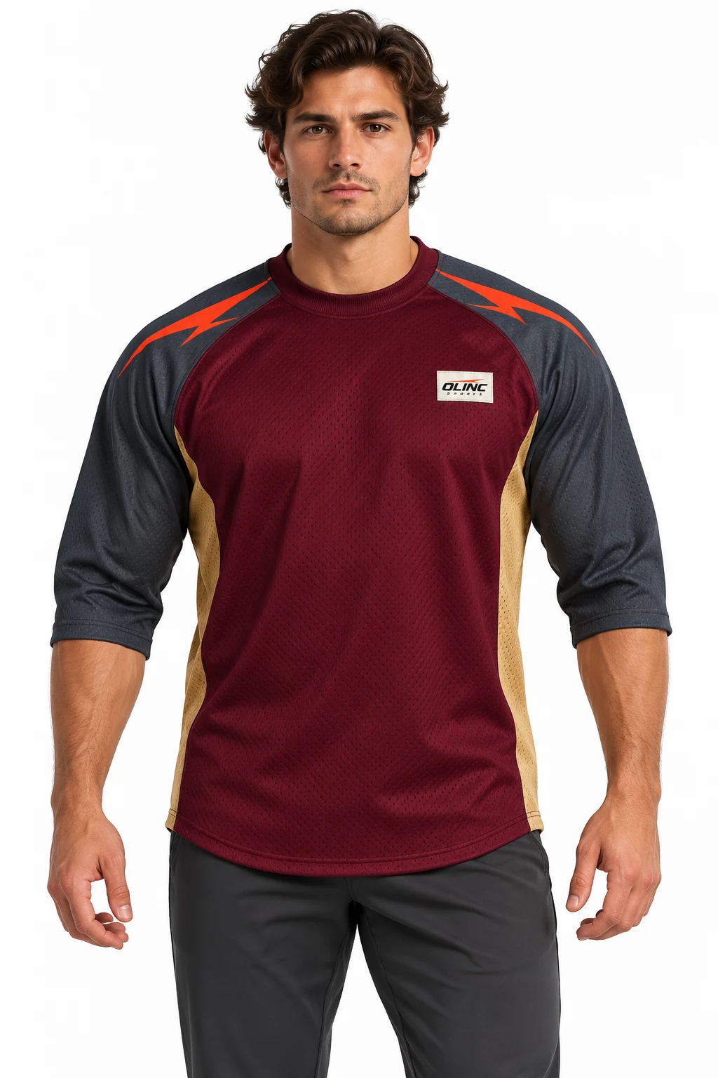 American Football Trench Raglan Jersey front design visualization showing deep burgundy body, slate sleeves and muted gold side inserts