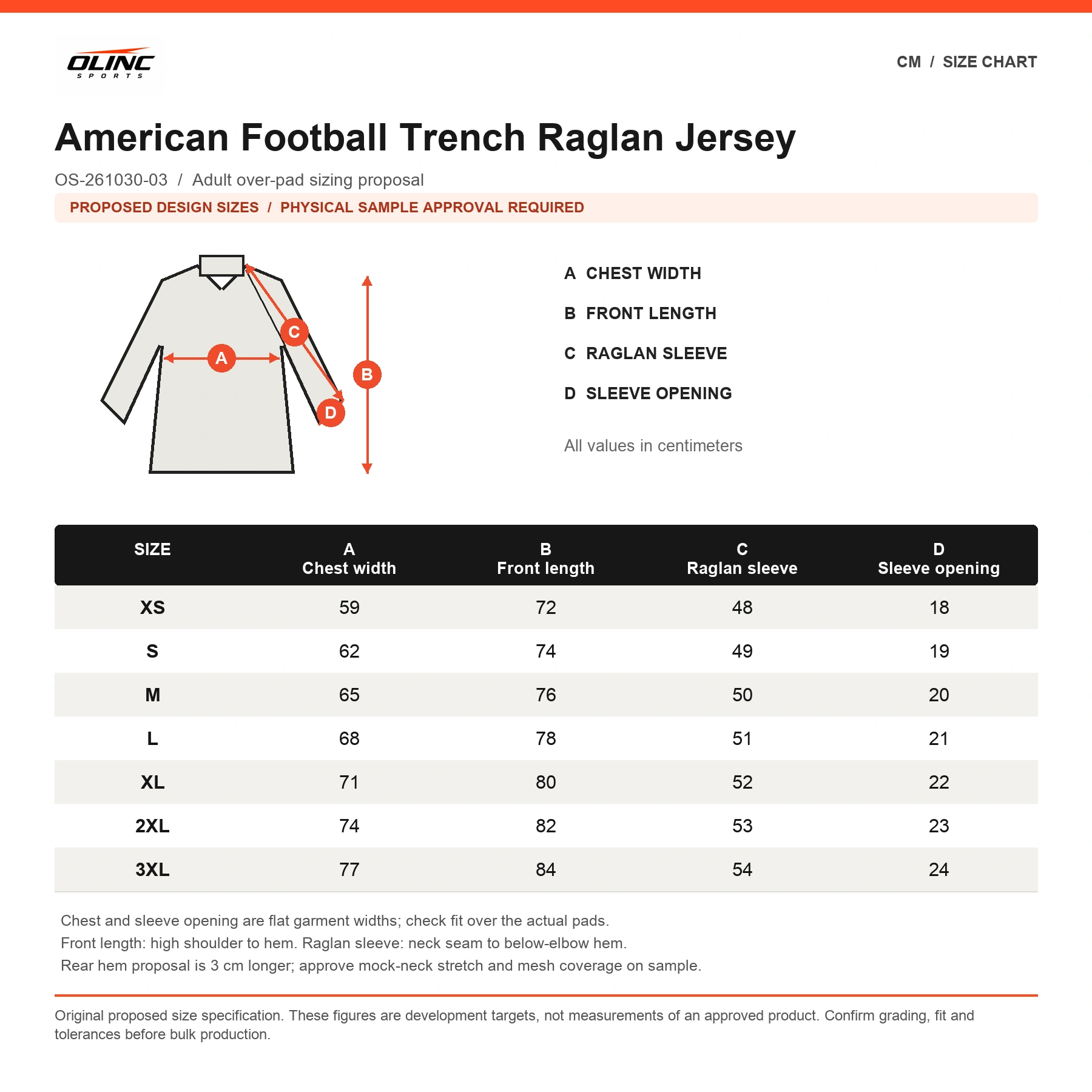 American Football Trench Raglan Jersey original proposed numeric chart in cm with labeled measurement diagram and physical sample approval note