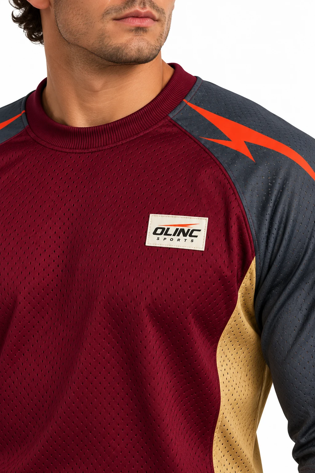 American Football Trench Raglan Jersey zoom design visualization showing deep burgundy body, slate sleeves and muted gold side inserts