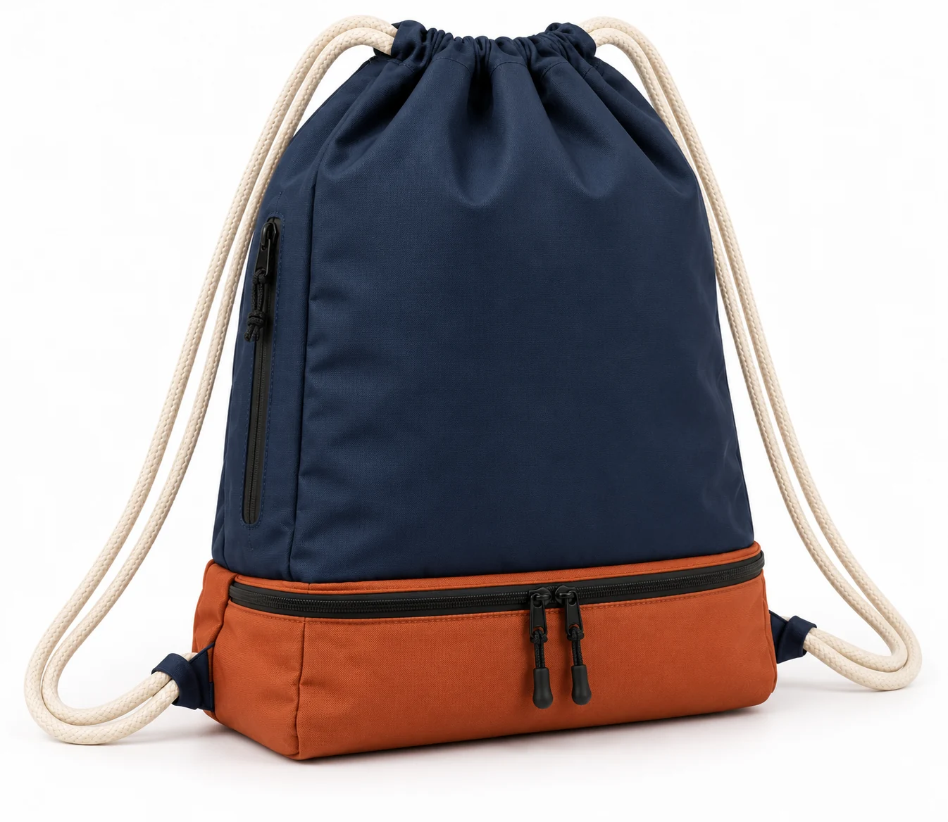 Bag Switchback Drawcord Gym Pack back design visualization showing deep navy body, pale rust lower compartment and ivory rope cords