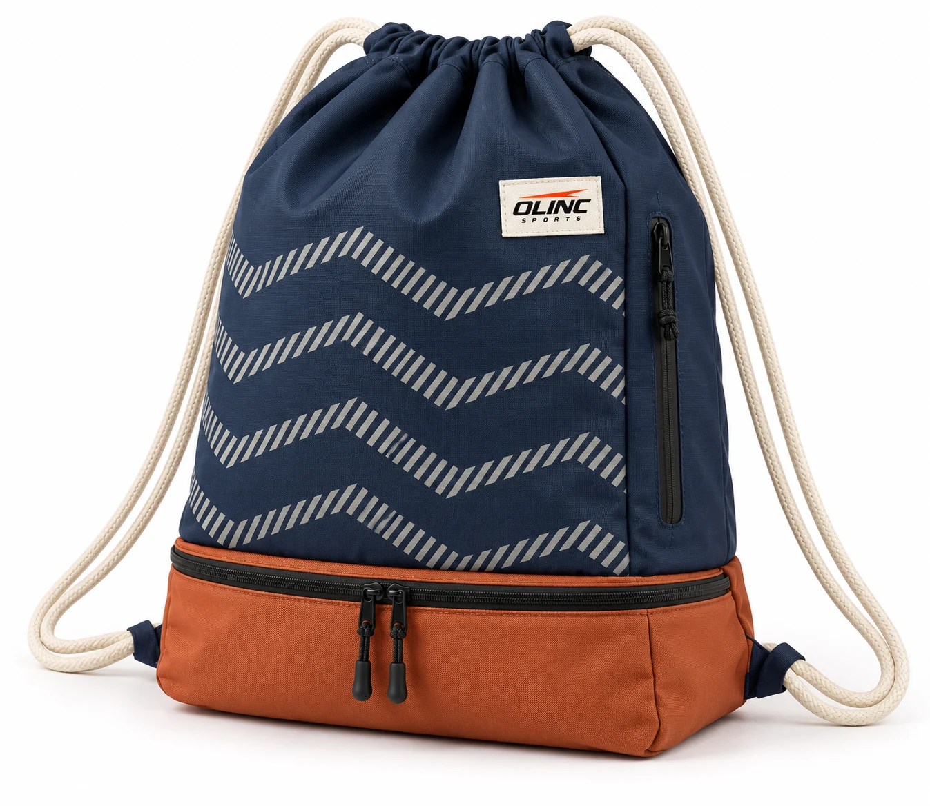 Bag Switchback Drawcord Gym Pack front design visualization showing deep navy body, pale rust lower compartment and ivory rope cords