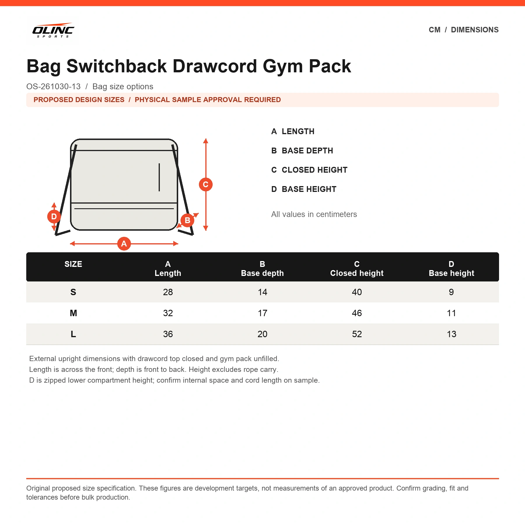 Bag Switchback Drawcord Gym Pack original proposed numeric chart in cm with labeled measurement diagram and physical sample approval note