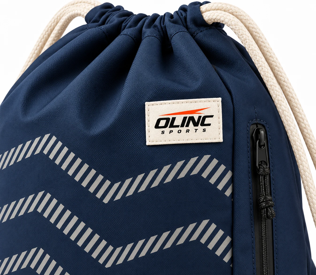 Bag Switchback Drawcord Gym Pack zoom design visualization showing deep navy body, pale rust lower compartment and ivory rope cords
