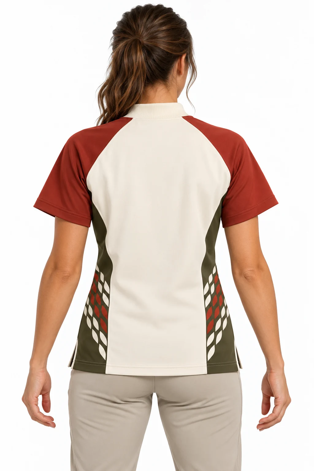 Baseball Switchyard Snap Top back design visualization showing ivory body, brick shoulder panels and dark olive side inserts