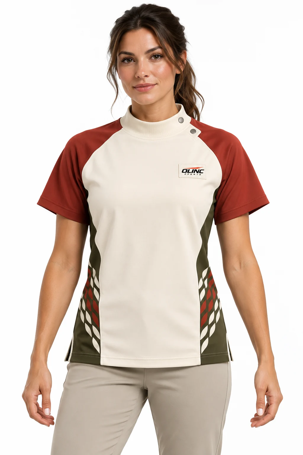 Baseball Switchyard Snap Top front design visualization showing ivory body, brick shoulder panels and dark olive side inserts
