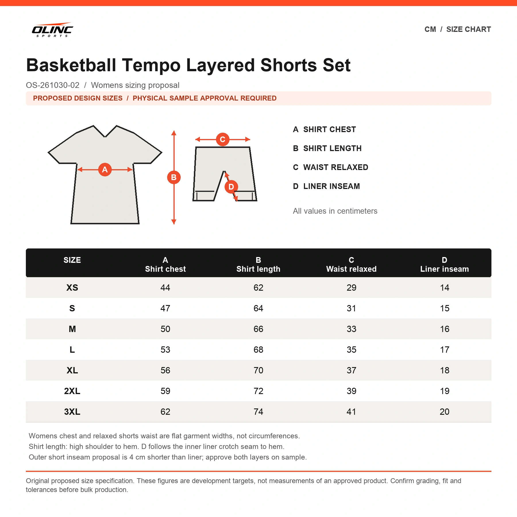 Basketball Tempo Layered Shorts Set original proposed numeric chart in cm with labeled measurement diagram and physical sample approval note