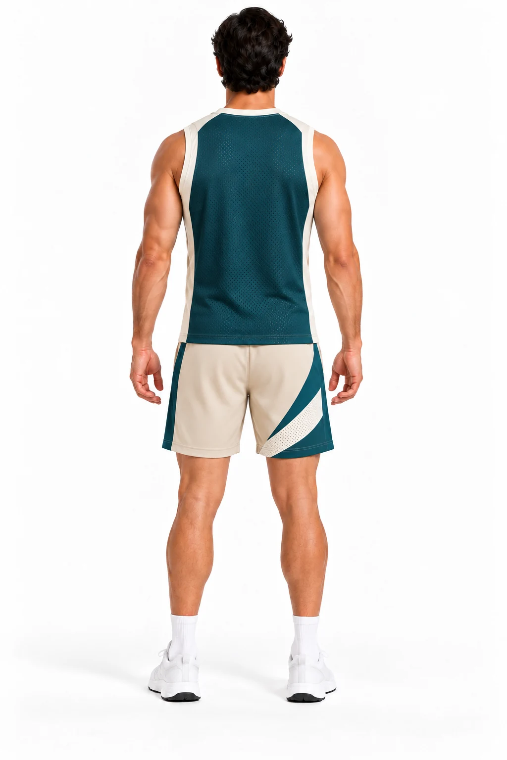 Cricket Offspin Shorts Kit back design visualization showing warm white top, deep teal rear mesh and sand shorts with teal side bands