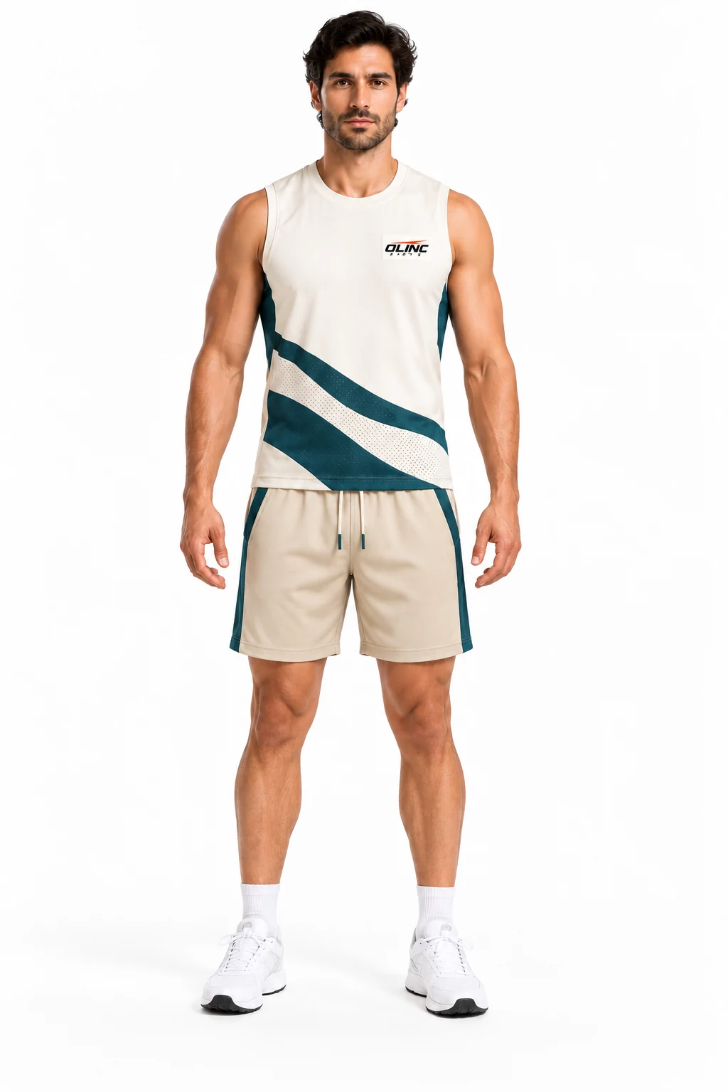 Cricket Offspin Shorts Kit front design visualization showing warm white top, deep teal rear mesh and sand shorts with teal side bands
