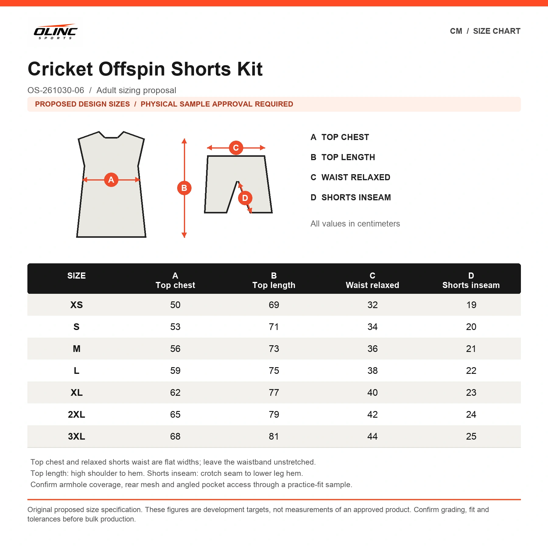 Cricket Offspin Shorts Kit original proposed numeric chart in cm with labeled measurement diagram and physical sample approval note