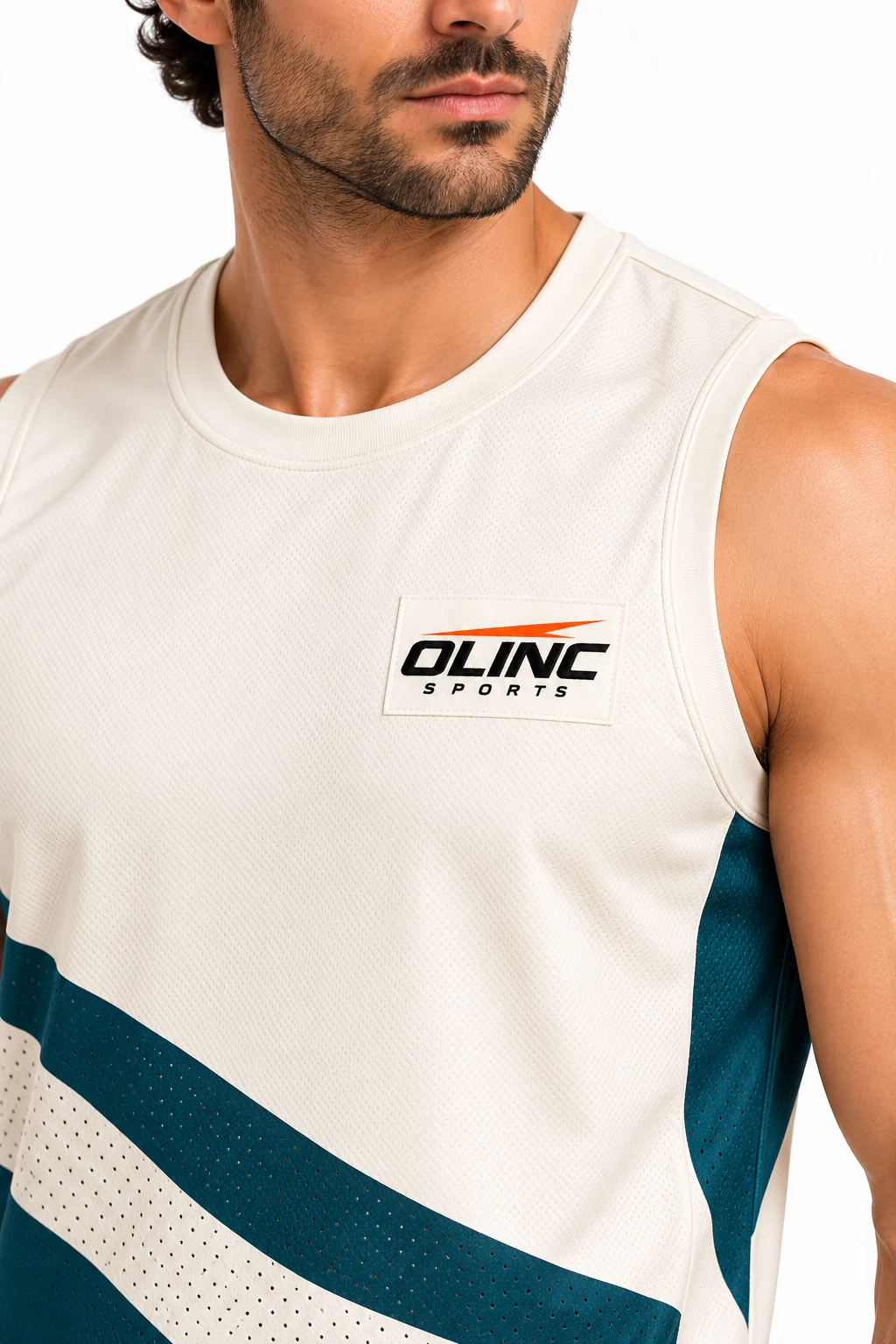 Cricket Offspin Shorts Kit zoom design visualization showing warm white top, deep teal rear mesh and sand shorts with teal side bands