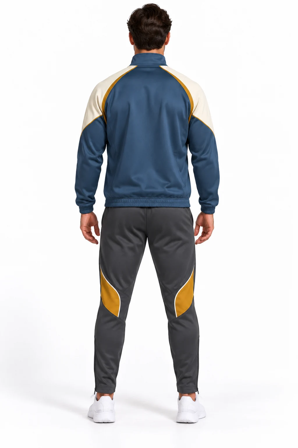 Handball Turnover Warmup Set back design visualization showing steel blue jacket, cream shoulder panels and charcoal trousers with ochre knee inserts