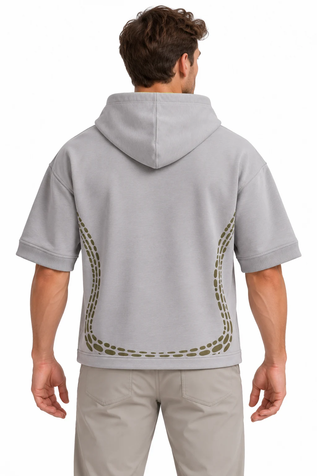 Hoodie Terrace Short-Sleeve Top back design visualization showing cloud gray body, muted lime hood lining and olive pocket panels