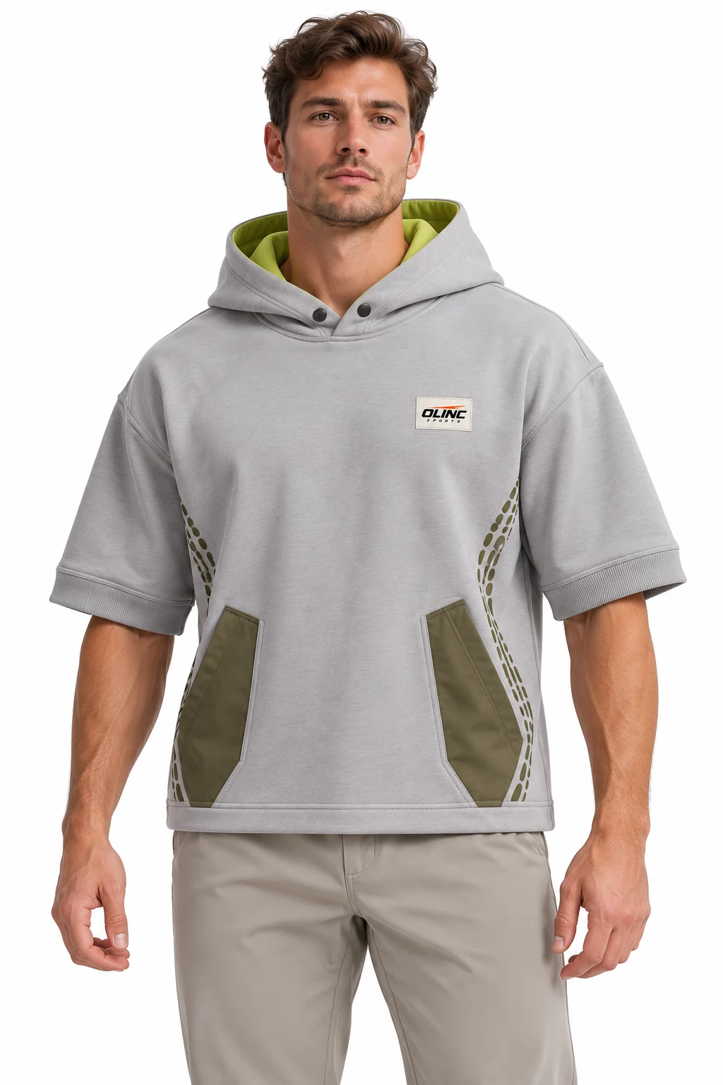 Hoodie Terrace Short-Sleeve Top front design visualization showing cloud gray body, muted lime hood lining and olive pocket panels