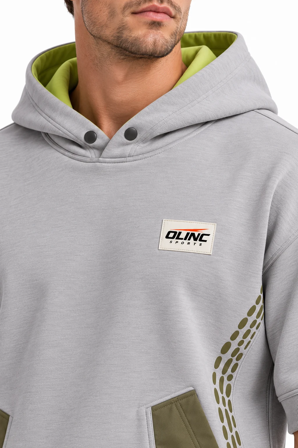Hoodie Terrace Short-Sleeve Top zoom design visualization showing cloud gray body, muted lime hood lining and olive pocket panels