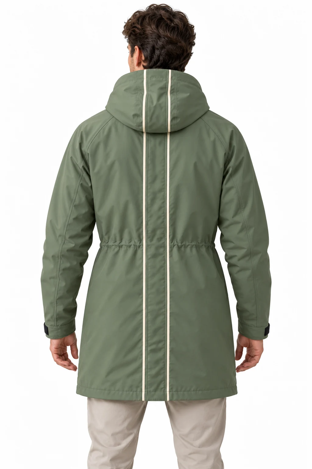 Jacket Marshline Long Shell back design visualization showing muted reed green body, charcoal hood lining and cream vertical piping accents