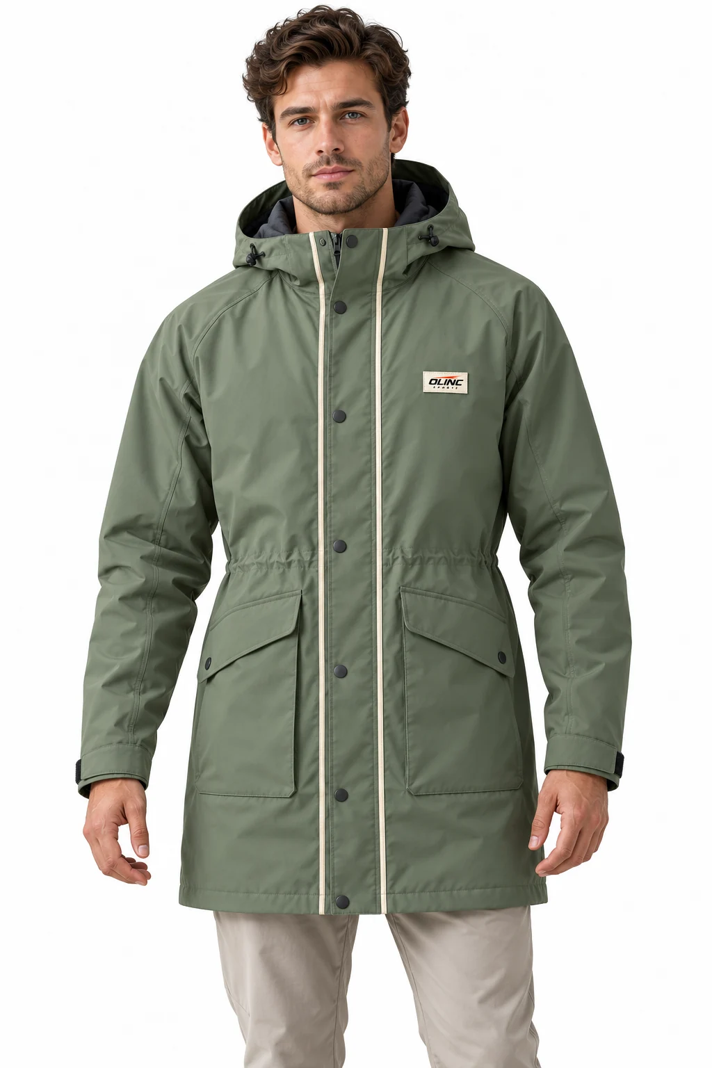 Jacket Marshline Long Shell front design visualization showing muted reed green body, charcoal hood lining and cream vertical piping accents