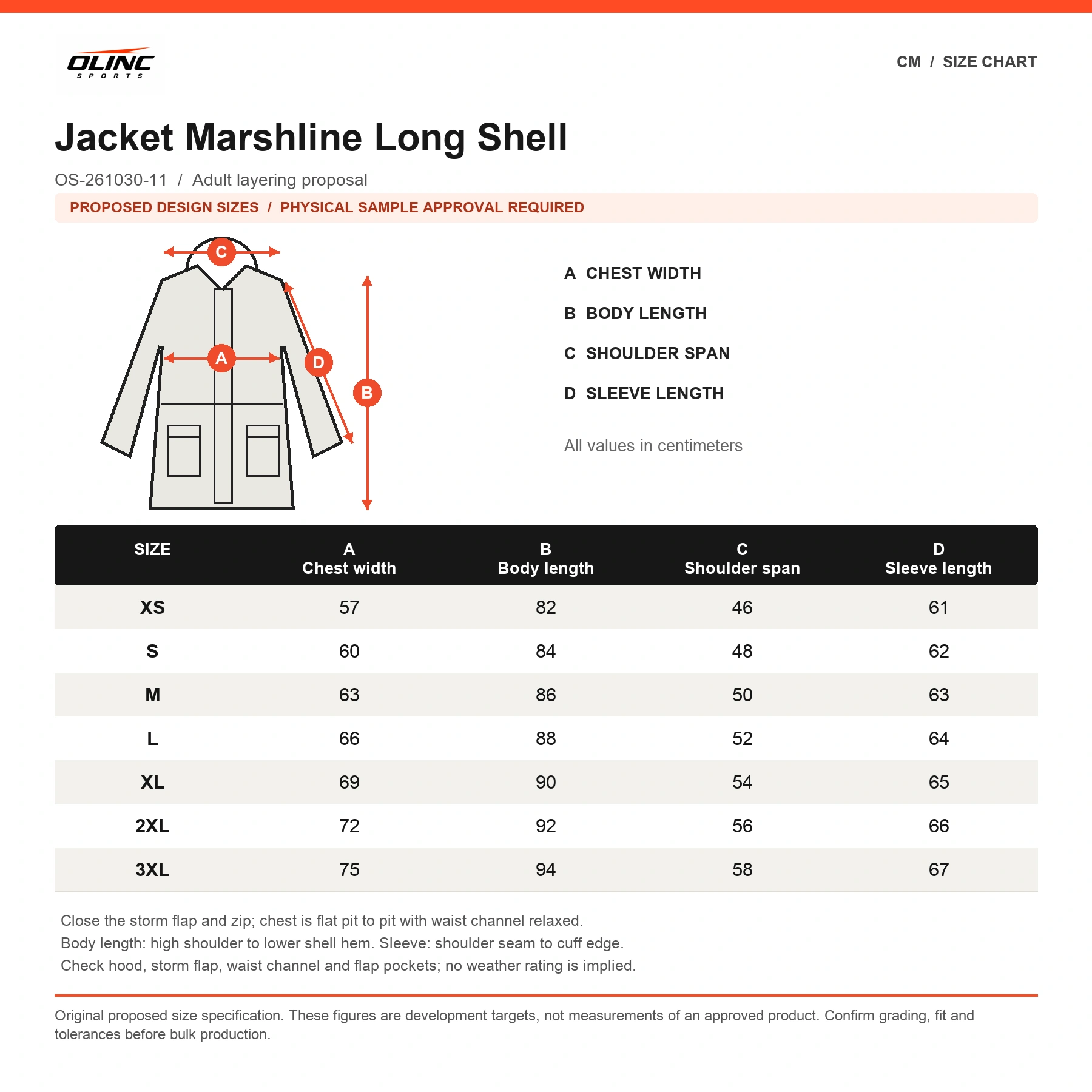 Jacket Marshline Long Shell original proposed numeric chart in cm with labeled measurement diagram and physical sample approval note