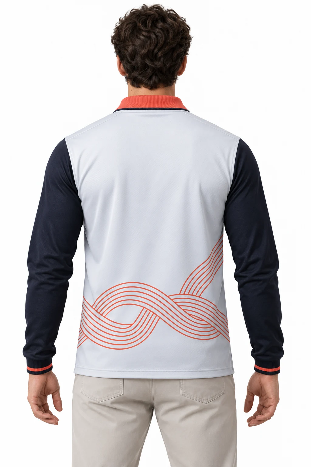 Esports Knotline Long-Polo Jersey back design visualization showing pale ice gray body, deep ink sleeves and muted coral collar rib accents