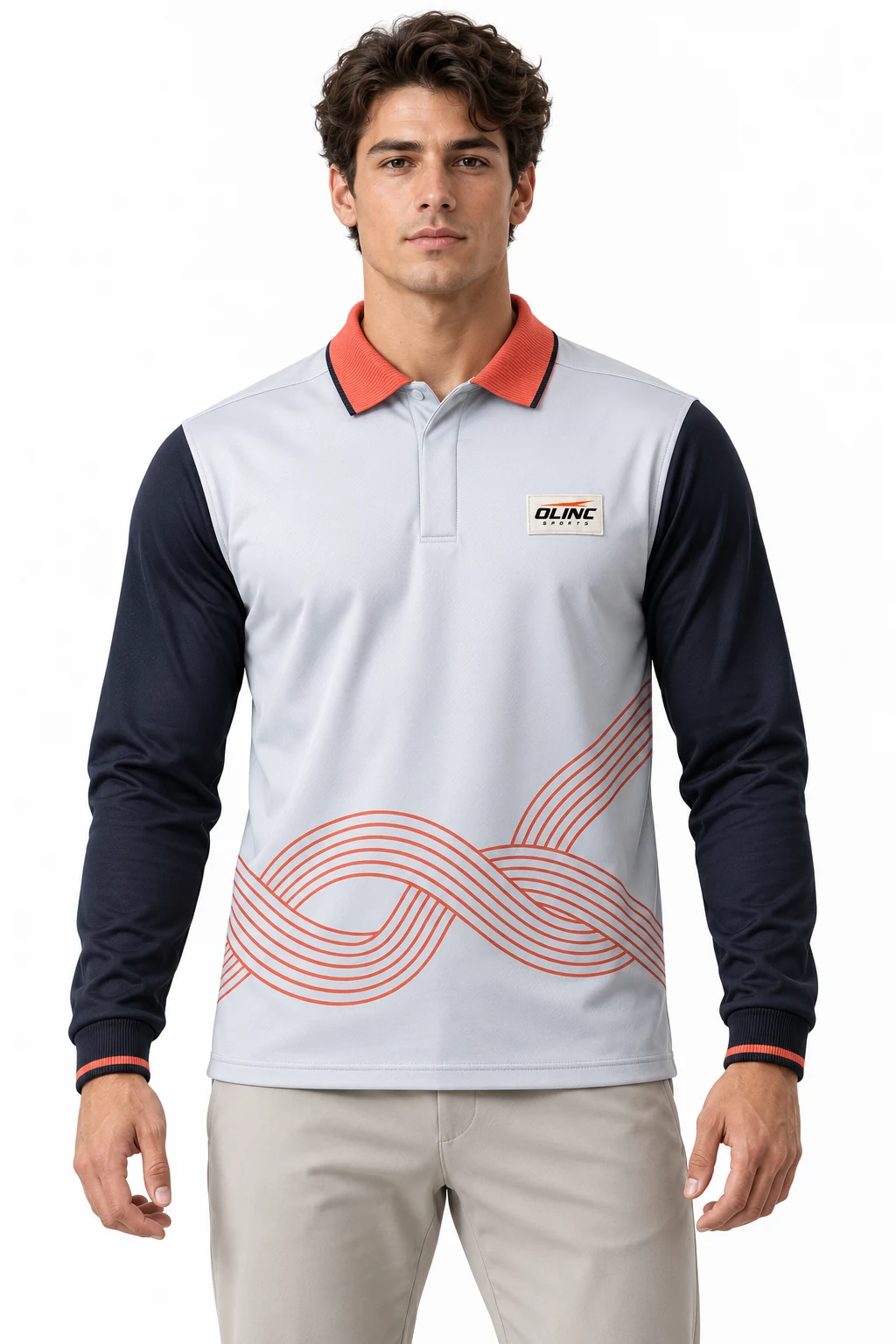 Esports Knotline Long-Polo Jersey front design visualization showing pale ice gray body, deep ink sleeves and muted coral collar rib accents