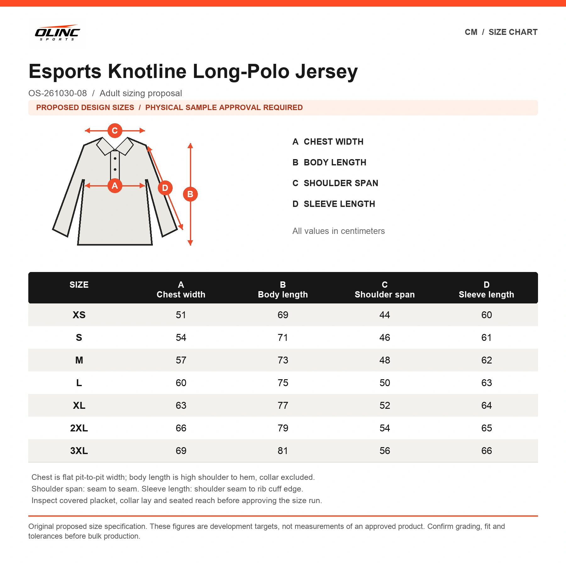 Esports Knotline Long-Polo Jersey original proposed numeric chart in cm with labeled measurement diagram and physical sample approval note