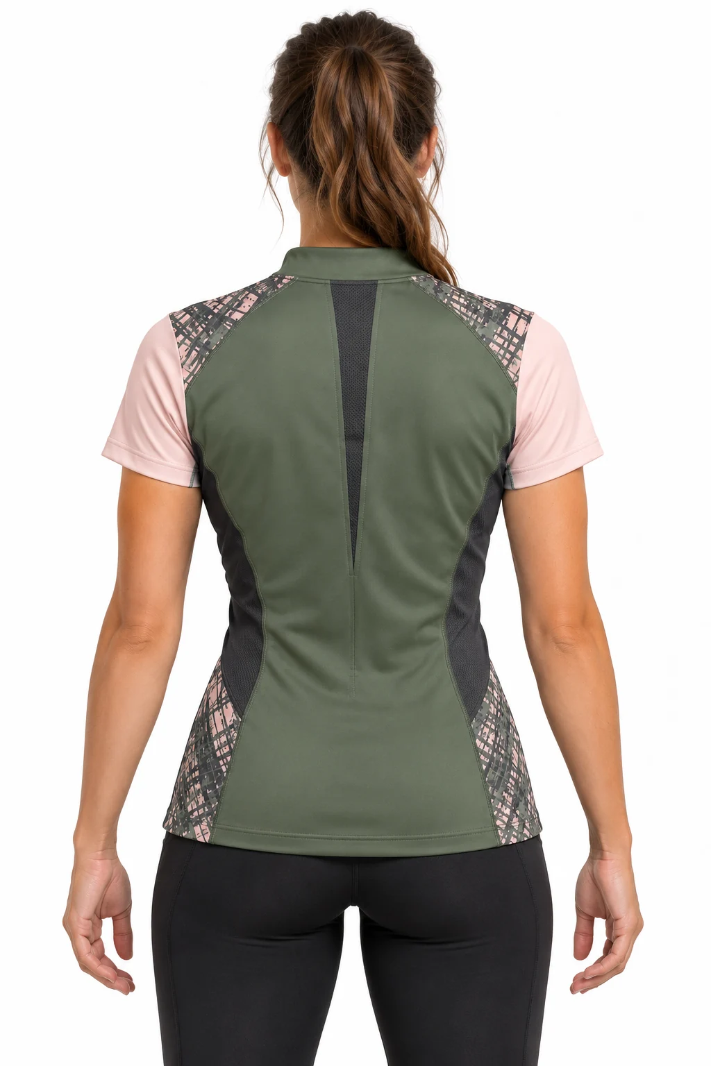 Lacrosse Halcyon Zip Shooting Top back design visualization showing muted moss body, pale blush sleeves and charcoal waist panels