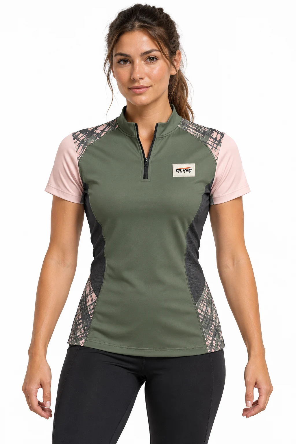 Lacrosse Halcyon Zip Shooting Top front design visualization showing muted moss body, pale blush sleeves and charcoal waist panels
